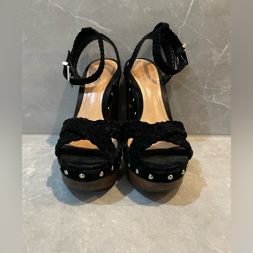 Schutz Khari Black Suede Chunky Platform Sandals
